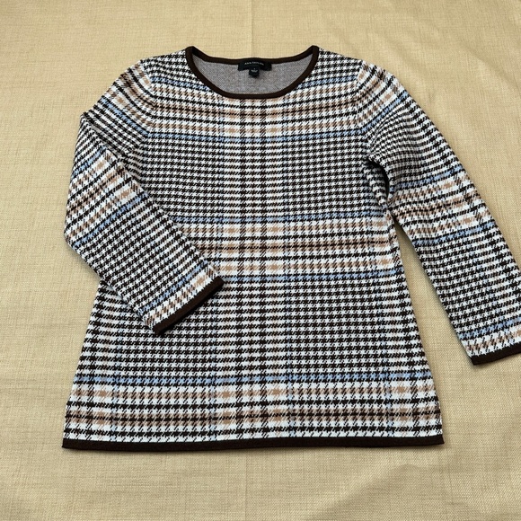 Ann Taylor Brown & Blue Gingham Wool Blend Plaid Knit 3/4 Sleeve Sweater - Picture 1 of 10